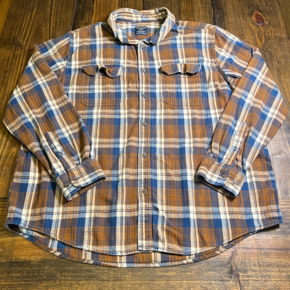Faded‎ Glory Mens XL Brown Blue Plaid Flannel Button Down Shirt FM47Y020 Cotton